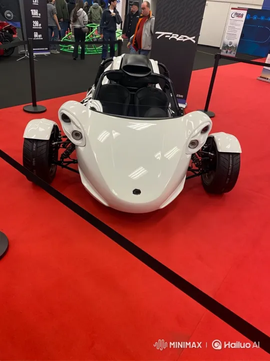 Sleek White Three-Wheeled Vehicle Showcased at Auto Show – AI Generated Video | Hailuo AI
