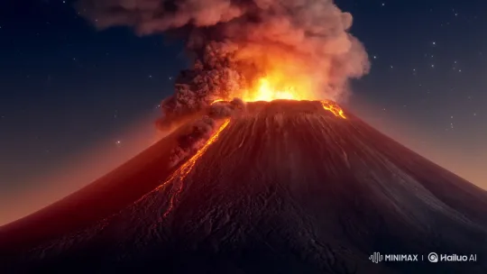 Volcano Erupts Violently at Night, Lava and Ash Fill Sky – AI Generated Video | Hailuo AI