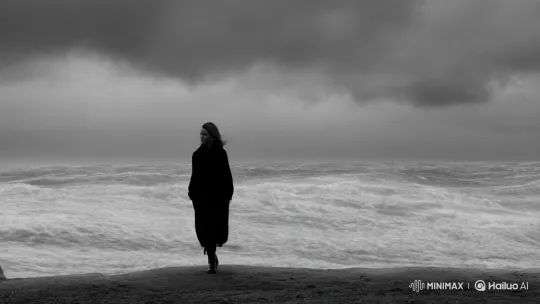 Young Woman Braving Stormy Sea in Dramatic Monochrome – AI Generated Video | Hailuo AI