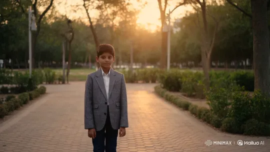 Golden Hour: A Thoughtful Boy and a Girl in Traditional Dress Share a Smile in a Peaceful Park – AI Generated Video | Hailuo AI