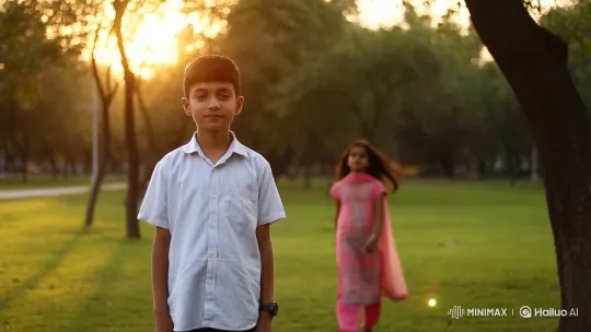 Golden Hour Serenity: Boy, Girl Share Quiet Moment in Park – AI Generated Video | Hailuo AI
