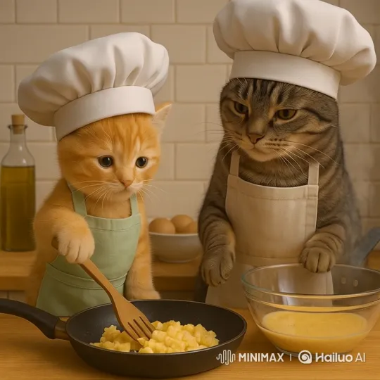 Cats in Chef Costumes Cook Eggs in Kitchen – AI Generated Video | Hailuo AI