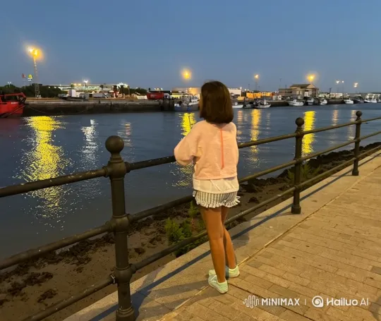 Girl on Digital Billboard Watches New York Harbor – AI Generated Video | Hailuo AI