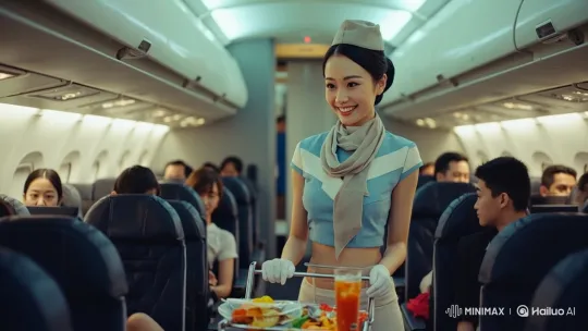 Flight Attendant Serving Meal with Graceful Movements – AI Generated Video | Hailuo AI