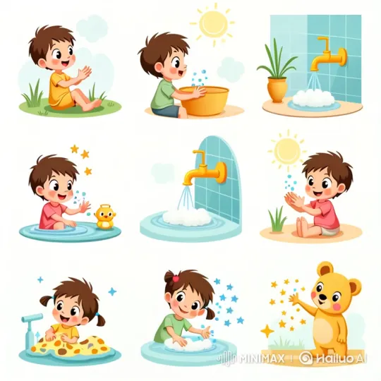 Boy Washing Hands, Teddy Bear Showcases Clean Paw – AI Generated Video | Hailuo AI