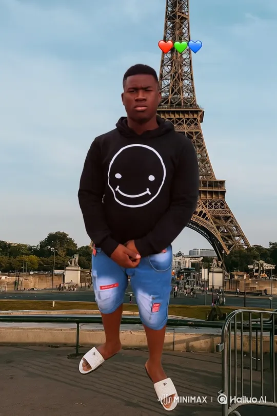 Young Man Stands Still Before Eiffel Tower with Floating Hearts – AI Generated Video | Hailuo AI