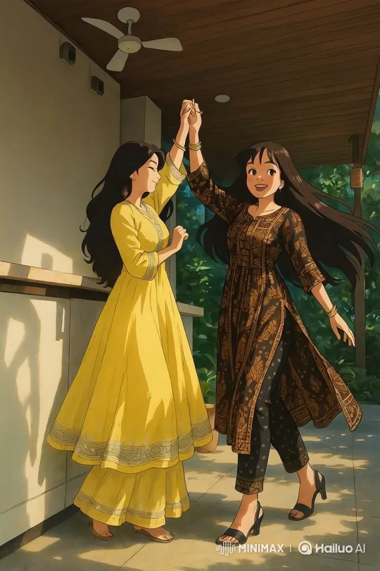Sisters' Joyful Traditional Dance on Sunlit Porch – AI Generated Video | Hailuo AI