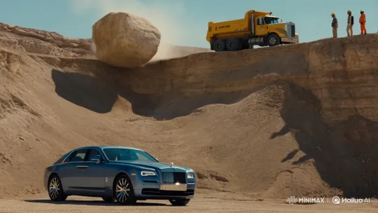 Rolls-Royce at Risk: Massive Boulder Rolls Down Canyon – AI Generated Video | Hailuo AI