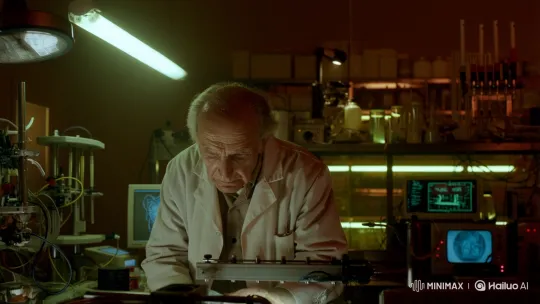 Elderly Scientist Intensely Works in Flickering Lab – AI Generated Video | Hailuo AI