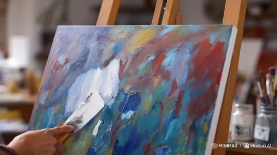 Artist's Hand Applies White Paint to Abstract Art – AI Generated Video | Hailuo AI