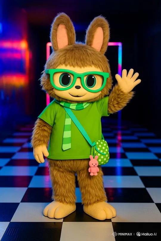 Friendly Bunny Mascot Dancing Cheerfully on Checkered Floor – AI Generated Video | Hailuo AI