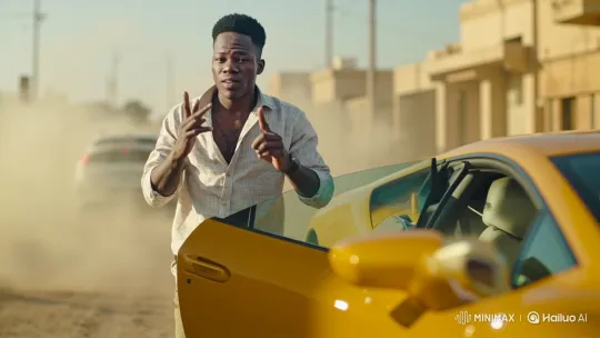 Young Man Enters Yellow Supercar on Sandy Street – AI Generated Video | Hailuo AI