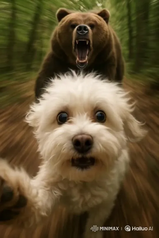 Man Flees from Charging Bear in Forest – AI Generated Video | Hailuo AI