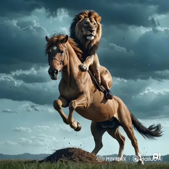 Lion Rides Horse into Futuristic City, Meets Fearless Girl – AI Generated Video | Hailuo AI