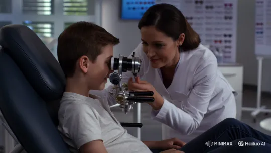 Young Boy Undergoing Eye Exam in Modern Clinic – AI Generated Video | Hailuo AI