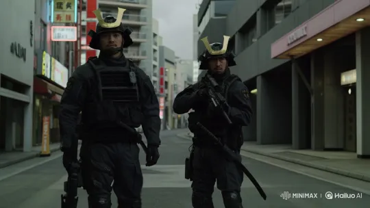 JSDF Soldiers in Futuristic Samurai Gear on Urban Street – AI Generated Video | Hailuo AI