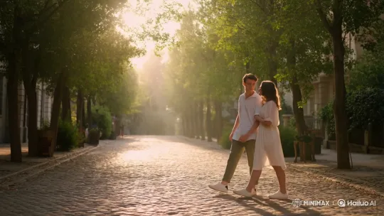 Young Couple Strolls in Romantic Golden Hour Setting – AI Generated Video | Hailuo AI