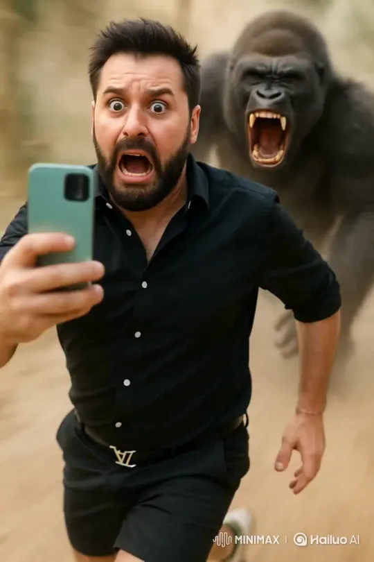 Man Fleeing from a Chasing Gorilla – AI Generated Video | Hailuo AI