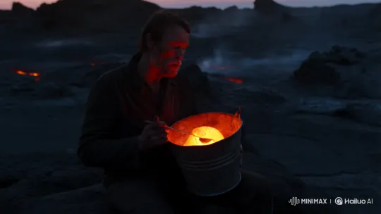 Man Eats Glowing Lava in Volcanic Landscape – AI Generated Video | Hailuo AI