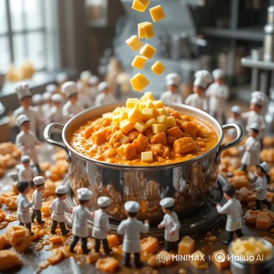 Miniature Chefs Observe Slow-Motion Cheese Fall in Whimsical Kitchen – AI Generated Video | Hailuo AI