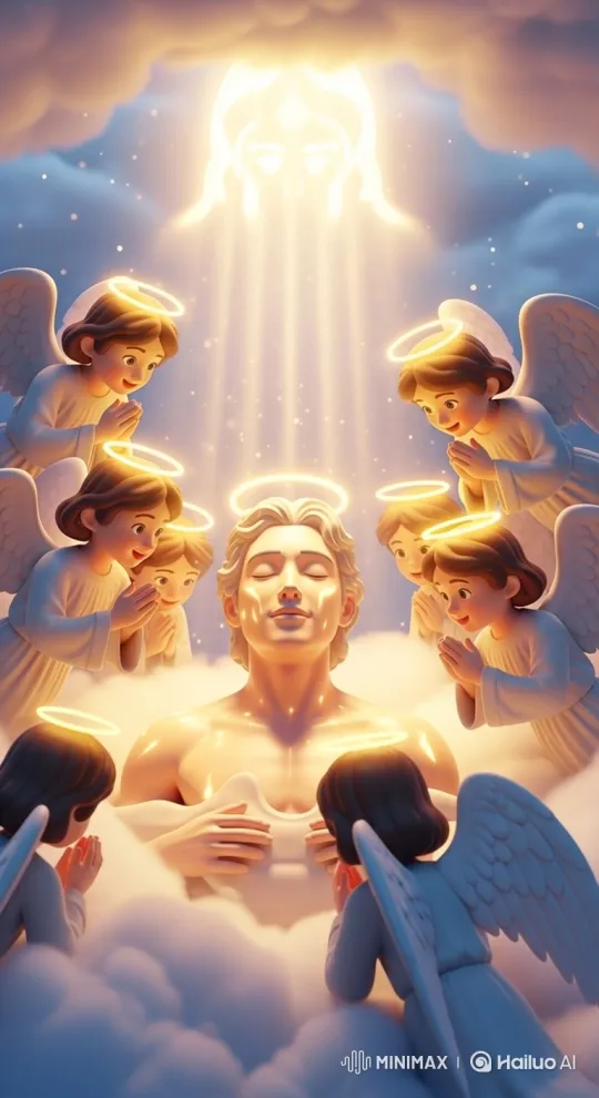 Tranquil Angel Scene with Glowing Halos and Floating Clouds – AI Generated Video | Hailuo AI