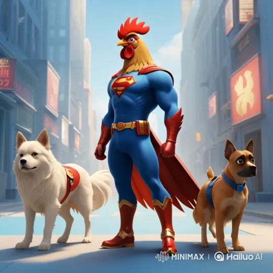 Rooster-Headed Hero and His Canine Companions Stand Watch – AI Generated Video | Hailuo AI