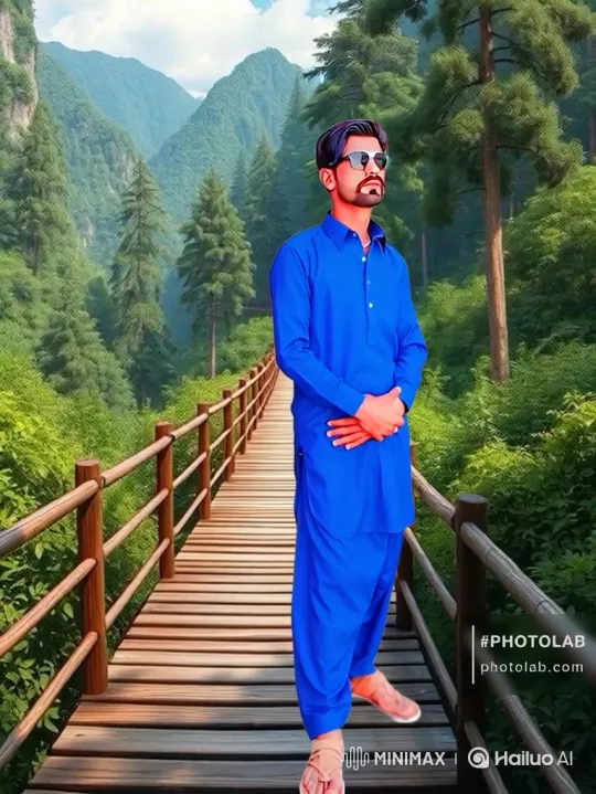 Man in Blue Walks on Bridge to SUV in Mountain Valley – AI Generated Video | Hailuo AI