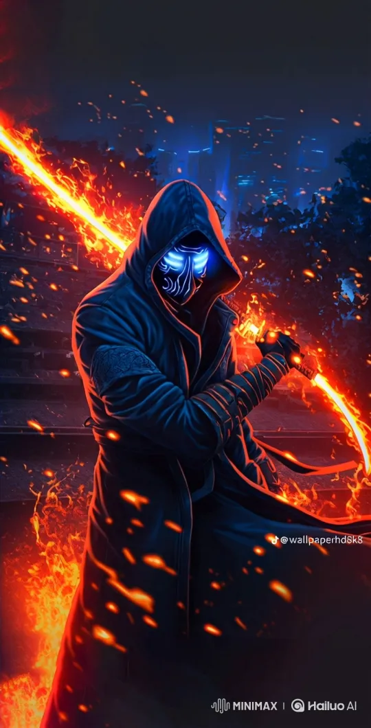 Mysterious Cloaked Figure with Fiery Sword in Urban Night – AI Generated Video | Hailuo AI