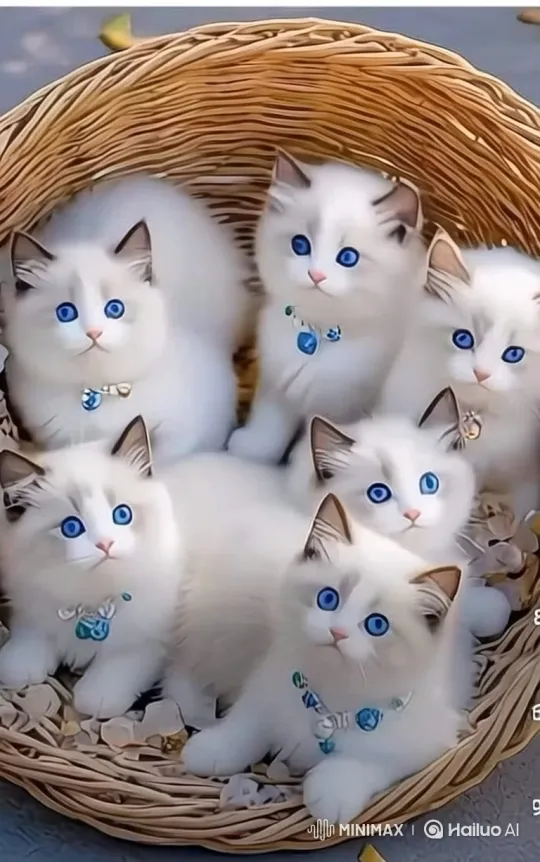 Close-up of Curious Blue-Eyed Kittens in Basket – AI Generated Video | Hailuo AI