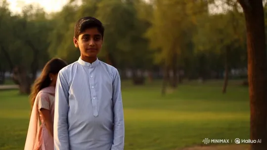 Golden Hour Park Encounter: Boy and Girl in Traditional Attire – AI Generated Video | Hailuo AI