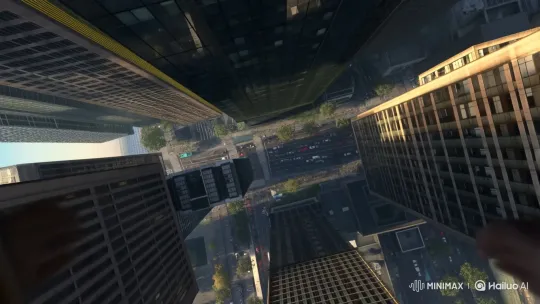 First-Person Descent from Skyscraper Amidst Urban Chaos – AI Generated Video | Hailuo AI