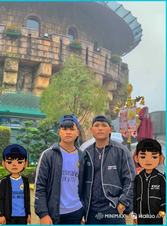 Two Men and Avatars in Front of Castle: 180-Degree Camera Orbit – AI Generated Video | Hailuo AI