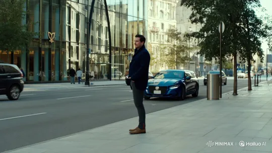 Man Boards Sleek Car on Modern City Sidewalk – AI Generated Video | Hailuo AI