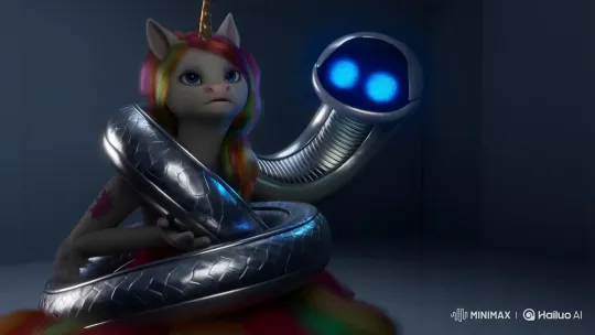Robotic Snake Hypnotizes Unicorn in Minimalist Setting – AI Generated Video | Hailuo AI