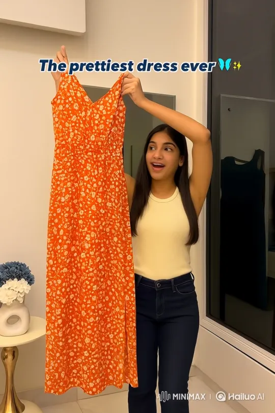Woman Admires and Twirls in New Orange Sundress – AI Generated Video | Hailuo AI