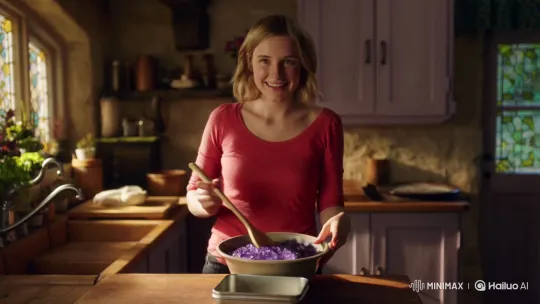 Young Woman Pours Amethysts into Cake Tin in Sunlit Cottage – AI Generated Video | Hailuo AI