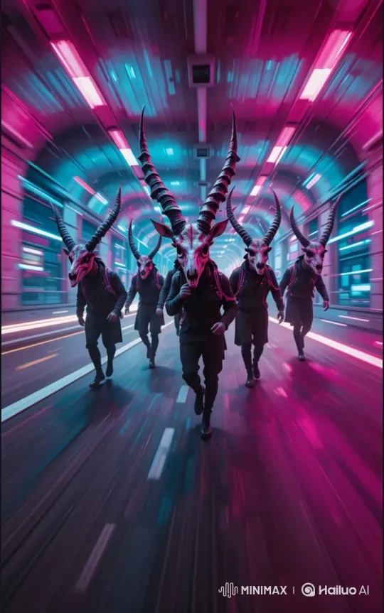 Futuristic Figures in Slow-Motion Sprint Down Neon Tunnel – AI Generated Video | Hailuo AI