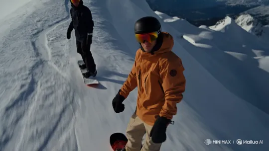 Snowboarders Prepare for Untouched Mountain Descent – AI Generated Video | Hailuo AI