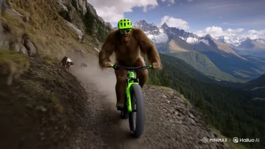 Bigfoot in Neon-Green Rides High-Altitude Trail – AI Generated Video | Hailuo AI