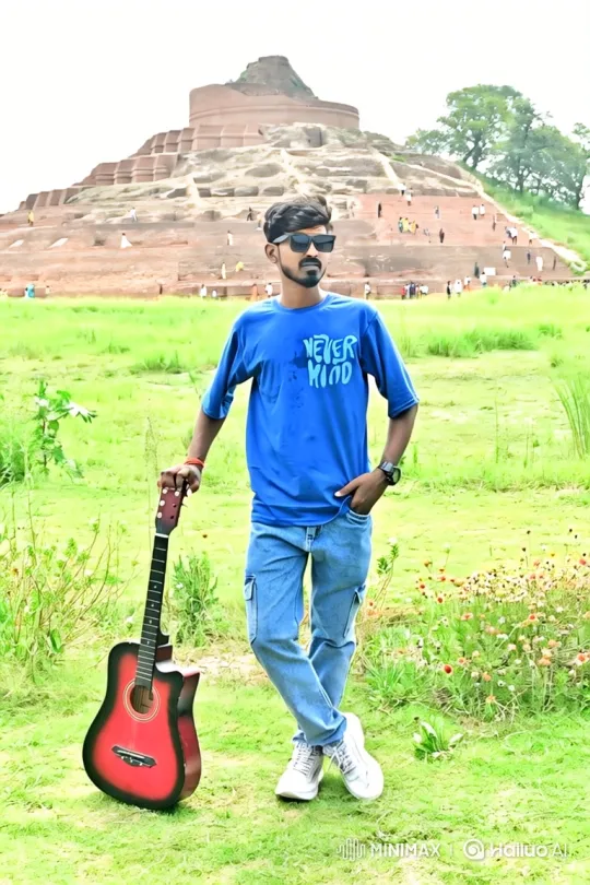 Young Man with Guitar at Ancient Stupa Landscape – AI Generated Video | Hailuo AI