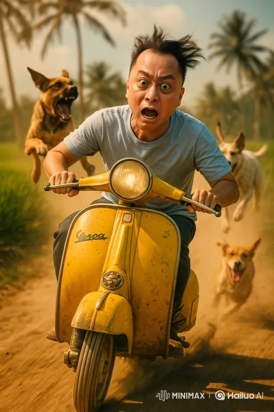 Man Flees from Dogs on Vintage Vespa Down Dirt Road – AI Generated Video | Hailuo AI