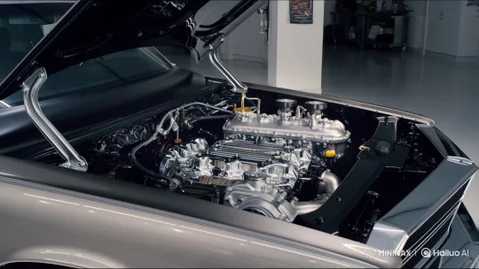 Close-Up of a Gleaming V8 Engine in a Modern Garage – AI Generated Video | Hailuo AI