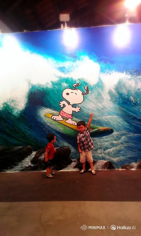 Boys and Snoopy Surf Animated Mural Waves – AI Generated Video | Hailuo AI