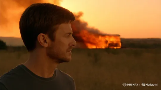 Man Observes Distant Fire During Golden Hour – AI Generated Video | Hailuo AI