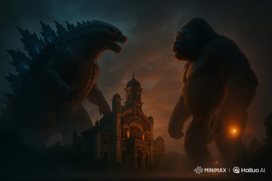 Godzilla and King Kong Prepare for Clash in Foggy Cityscape – AI Generated Video | Hailuo AI
