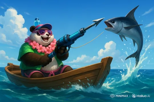 Panda in Boat Aims Harpoon at Leaping Fish – AI Generated Video | Hailuo AI