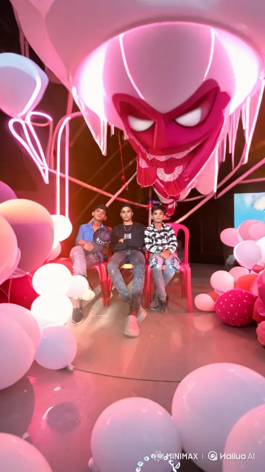 Young Men in Decorated Room with Inflatable, Balloons, and Police Car – AI Generated Video | Hailuo AI