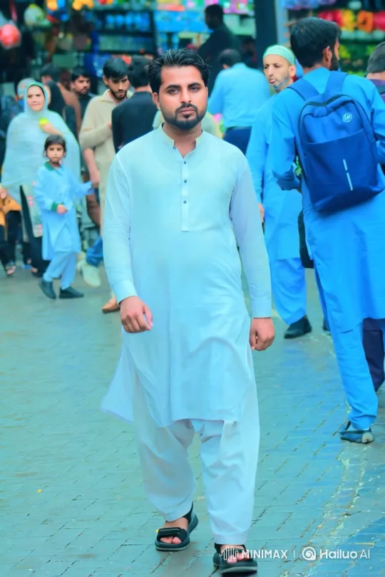 Man in White Clothing Walks Through Crowded Street – AI Generated Video | Hailuo AI