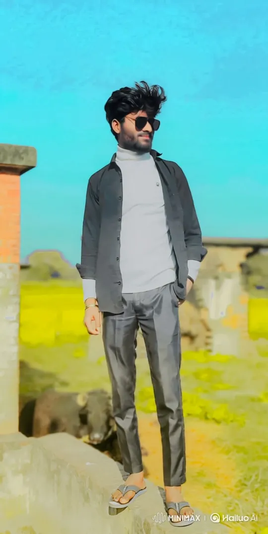 Stylish Young Man in Casual Pose Against Rural Landscape – AI Generated Video | Hailuo AI