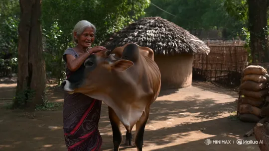 Elderly Grandmother Affectionately Petting Her Cow – AI Generated Video | Hailuo AI